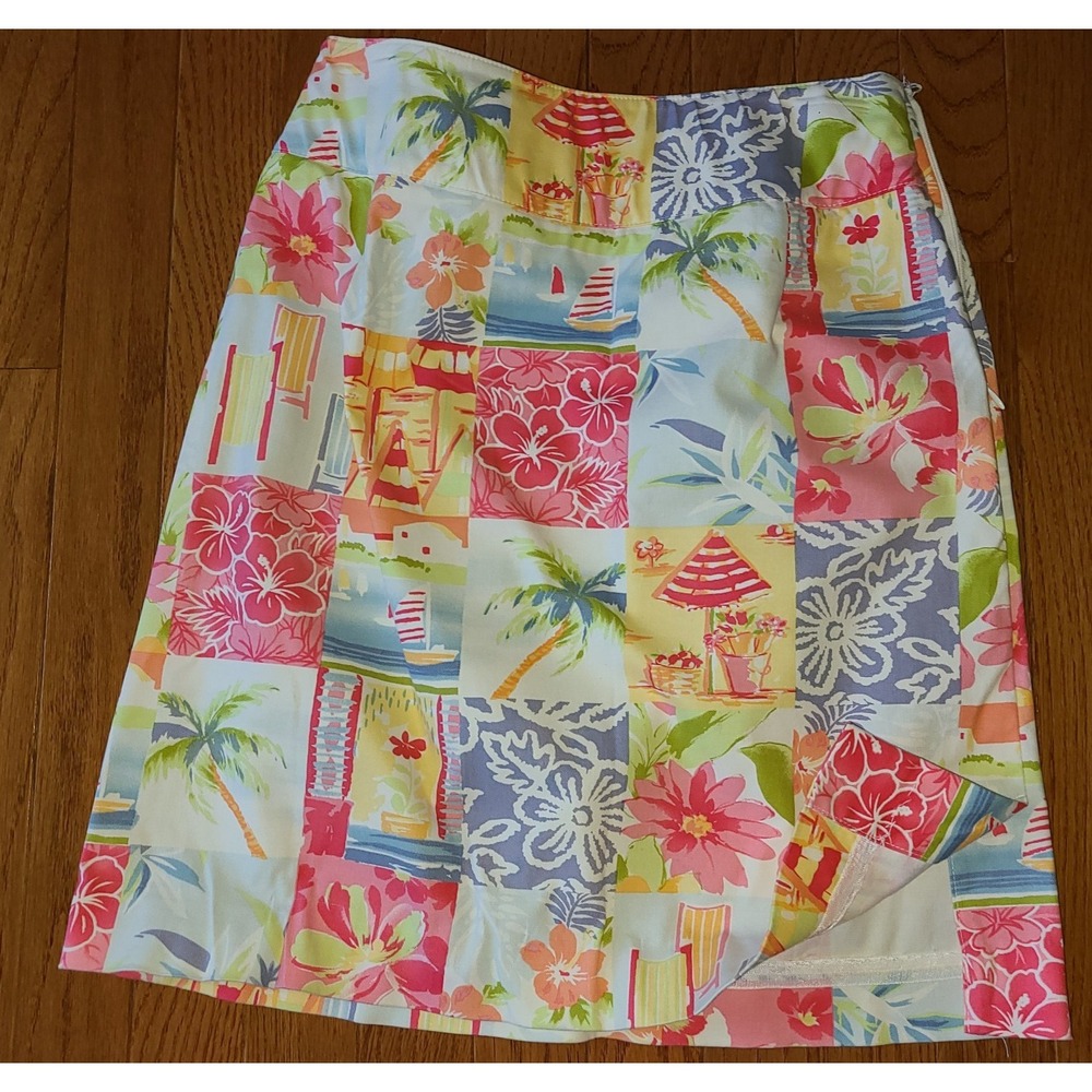 Talbots Skirt Sz 2 Hawaiian Tropical Floral Hibiscus Beach Pencil USA Side Slit